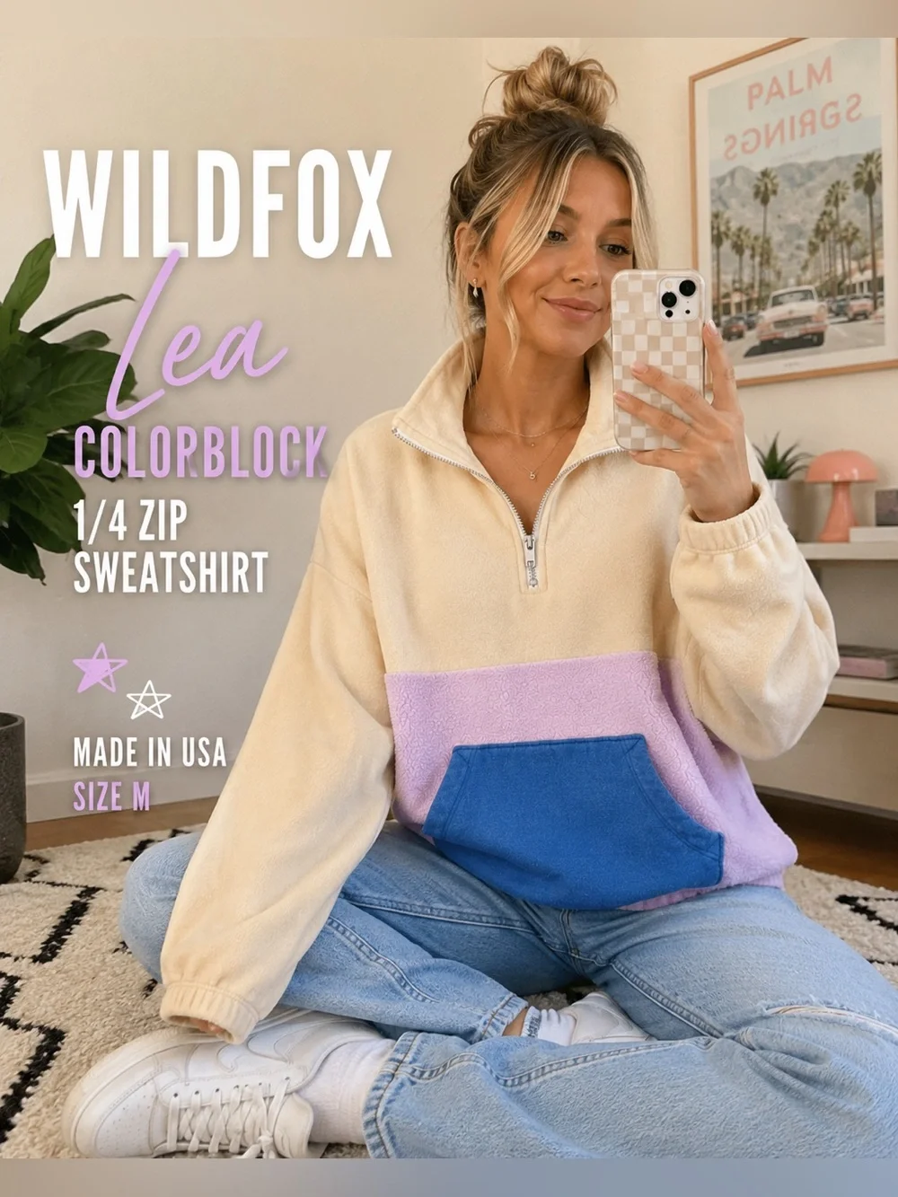 Wildfox Lea Colorblock 1/4 Zip Sherpa Sweatshirt M Cream Pink Blue USA